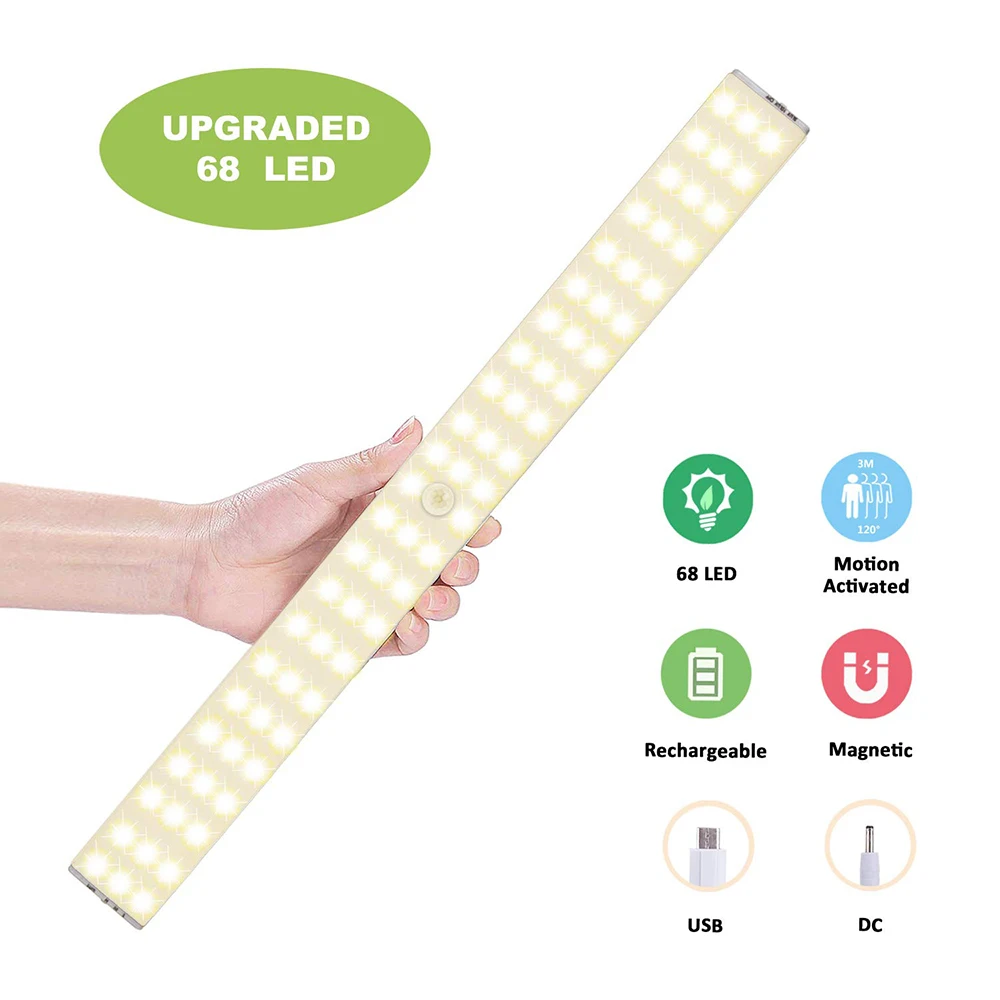 

Dimmable USB Charging 68 LED Under Cabinet Lighting PIR Motion Sensor Wardrobe Closet Night Lamp for Cupboard Kitchen Hallway