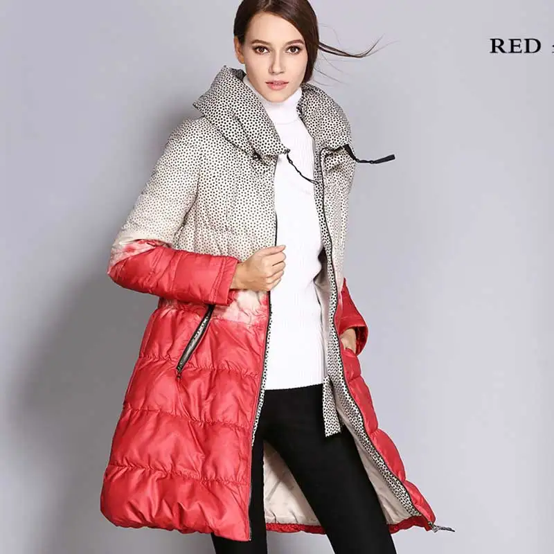 Chaqueta mujer, тонкий модный принт, контрастная юбка, Зимний пуховик для женщин,, модный принт, высокая горловина, хлопковая куртка, пальто, парка - Цвет: Red