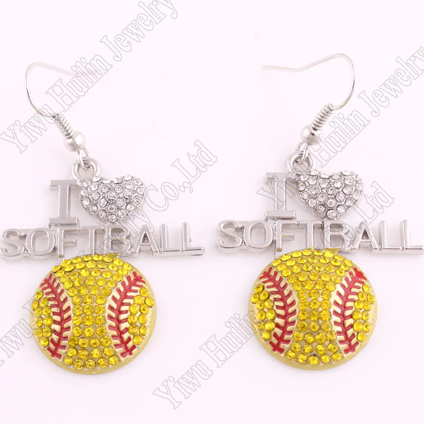 

HOT SELLING rhodium plated earring with sparkling crystals I LOVE SOFTBALL pendant