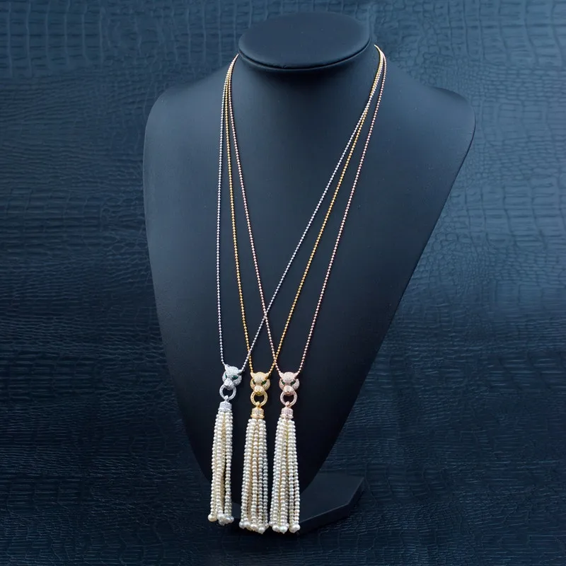 

fashion design Leopard Head 10cm 3-4mm natural freshwater Pearl Tassel chain Necklace Vintage Luxury Jewelry For Women
