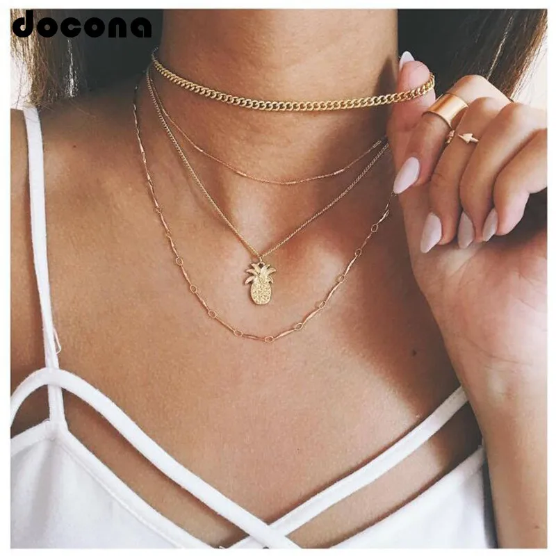 

Docona Boho Pineapple Necklaces & Pandents Gold Chain for Women Statement Necklace Layered Choker Necklace Collier Femme 4187