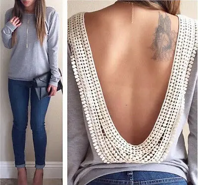 

NEW Hot Stylish Sexy Women Lady Backless Casual Long Sleeve Lace Blouse Shirts Long Blouses