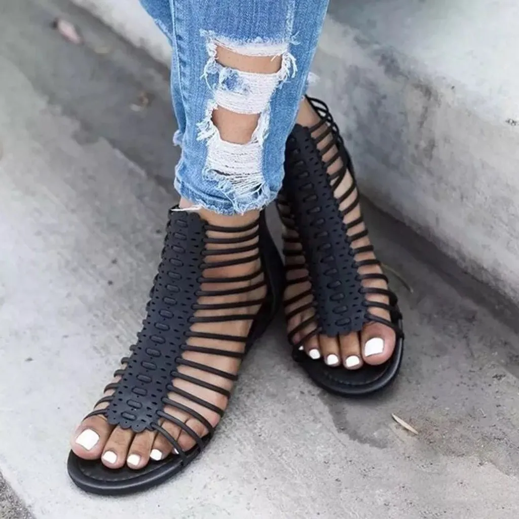 

Women Rome Sandals Zipper Summer Female Gladiator Shoes Roman Flat Heels Hollow Peep Toe Casual Sandal Big Size Low Heel Shoe