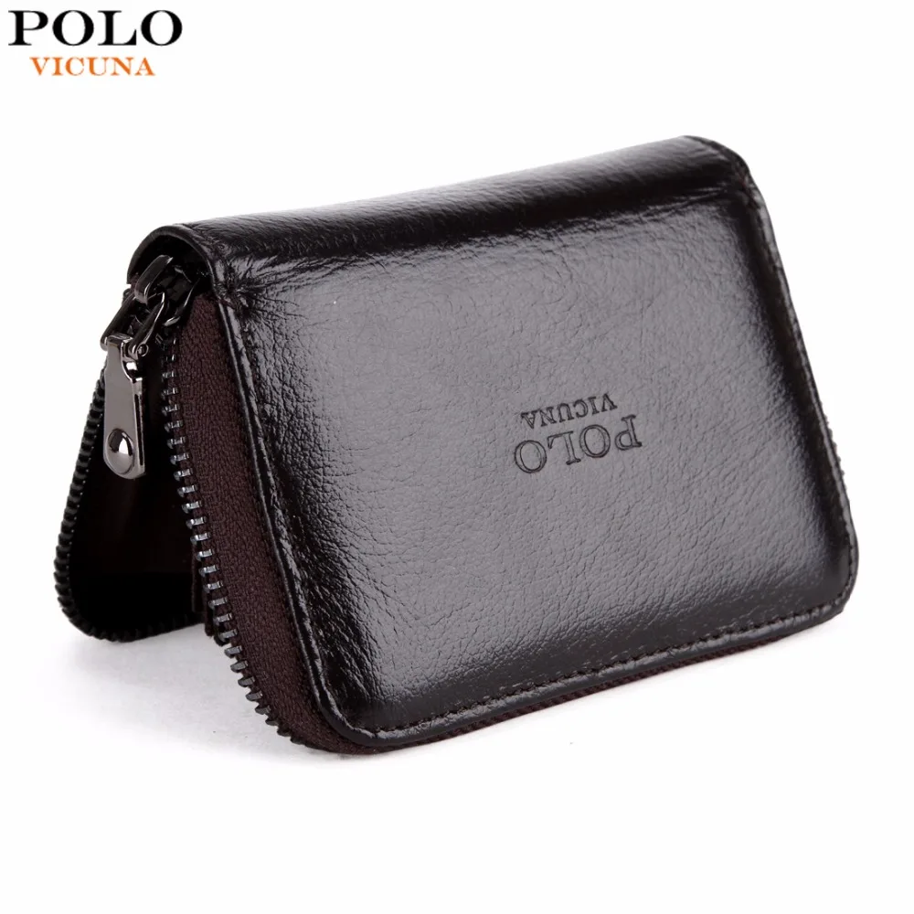 

VICUNA POLO Brand Waxy Oil Genuine Leather Card Holder Zipper Open Cowhide Credit Card Holder High Capacity Men Card Wallet New