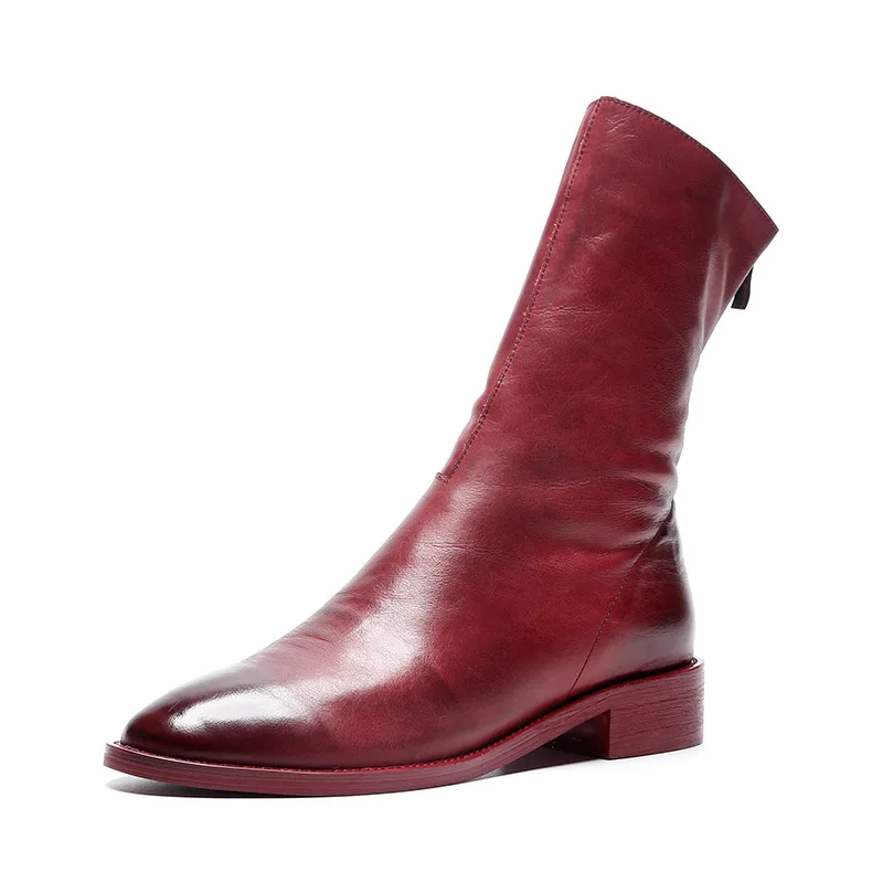 WETKISS/женские красные ботинки на низком каблуке; обувь с круглым носком; кожаные ботильоны с градиентом; женская обувь; сезон осень-зима; женские ботинки на молнии; коллекция года - Цвет: Бордовый