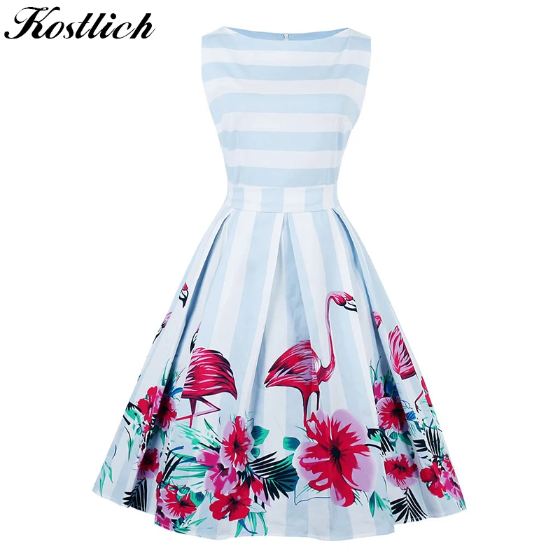 

Kostlich Flamingo Print Summer Dress Women 2018 Sleeveless Hepburn 50s 60s Vintage Dress Striped Tunic Party Dresses Plus Size