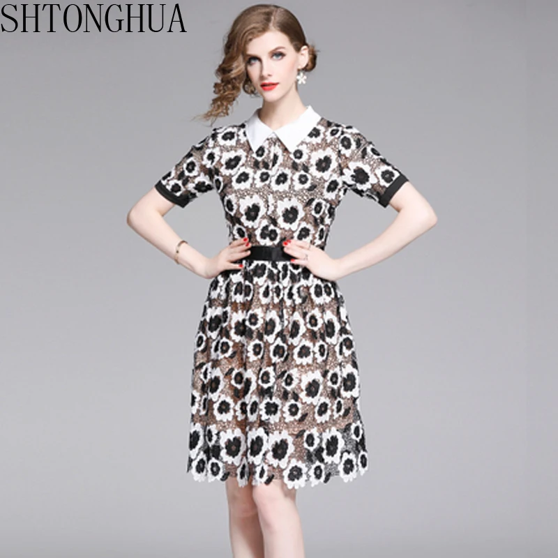 

SHTONGHUA New Summer Turn Down Collar Dress Women Black White Patchwork Lace Floral Embroidery Dress Vintage Hollow Out Vestidos