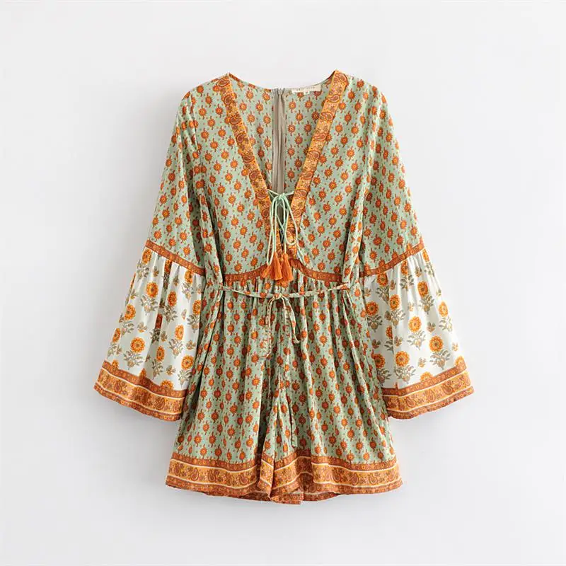 

2019 Summer Floral Print Women Beach Kimono Playsuits Wide leg pants Casual Flare sleeve V neck Tassel Female Jumpsuit C708