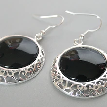 Швенза из серебра 925 пробы из натурального черного камня оникс плоские бусины Серьги 2"