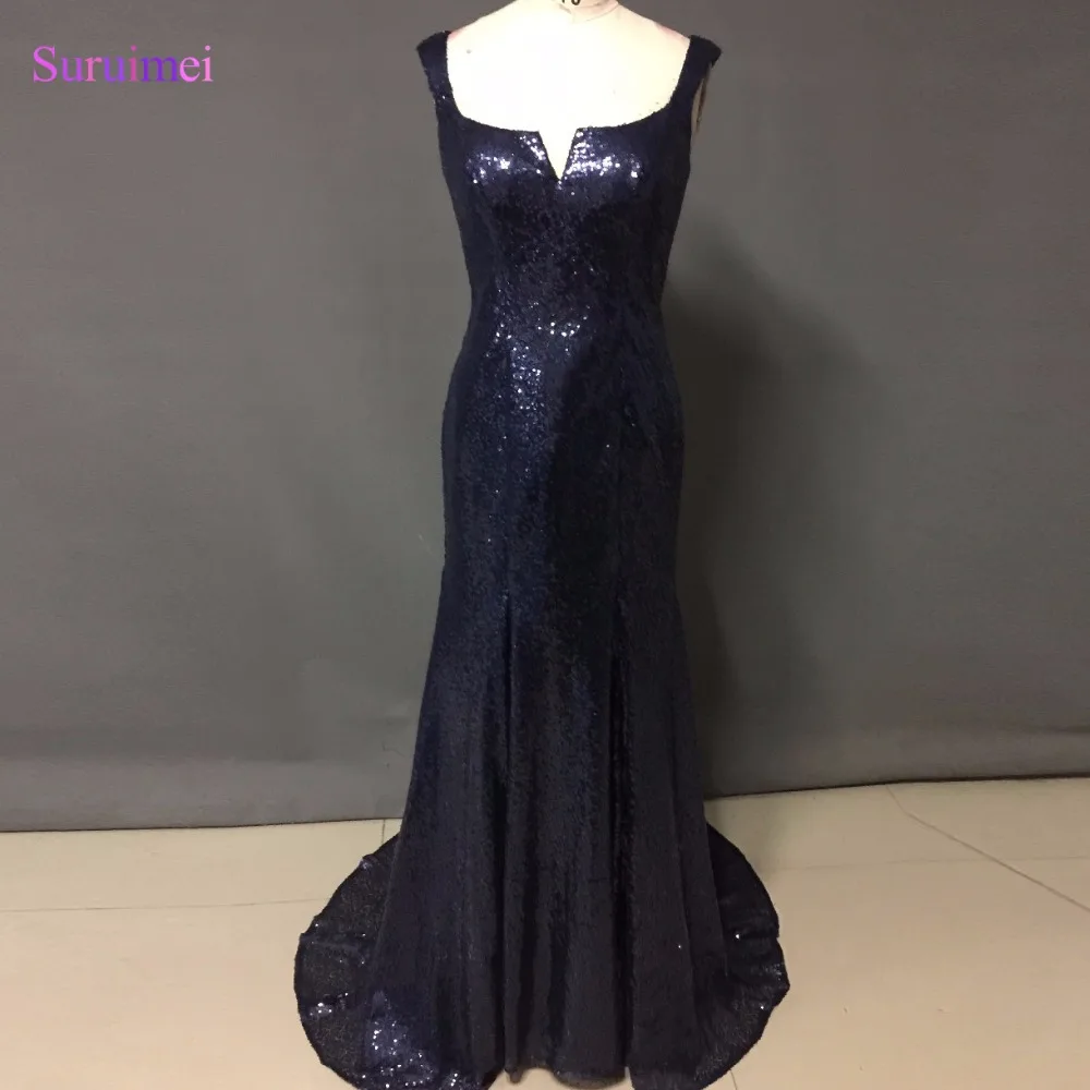 Vintage Formal Prom Gown Mermaid Sweetheart Floor Length Navy Blue Prom