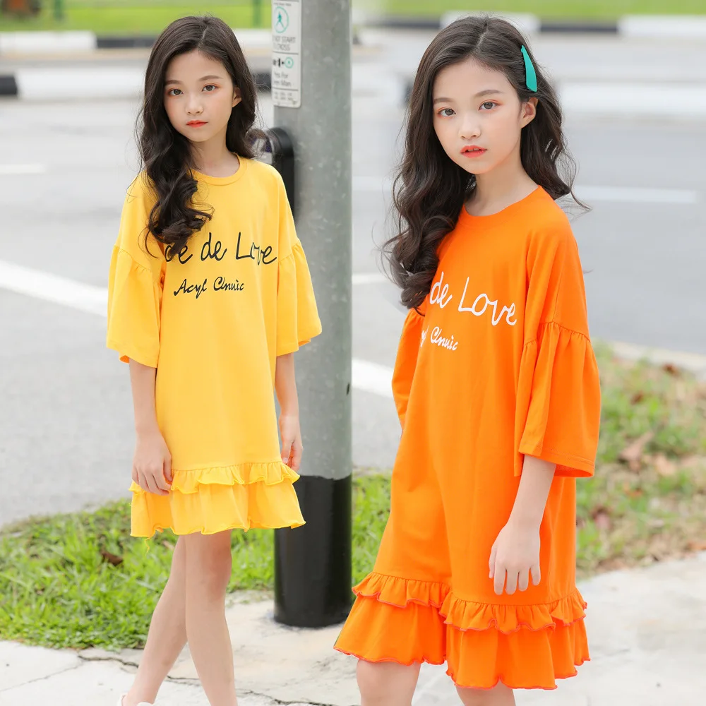 

Kids Dresses for Girls Clothes Letter Ruffle Cotton Orange Yellow Children's Dress Girls Summer 2019 Kids Outfits 8 10 12 Years