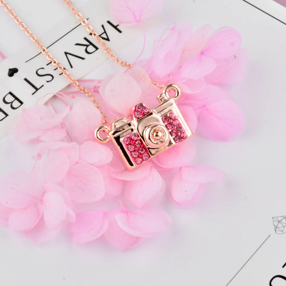 

SINLEERY Lovely Pink Cubic Zircon Camera Shaped Necklace Pendants Women Rose Gold Color Short Chain Best Gifts Xl272 SSC