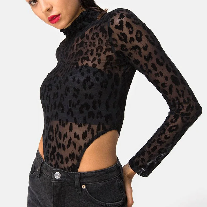 Snap button easy Open lace bodysuit sexy rompers womens jumpsuit leopard print overalls basic bodycon jumpsuit