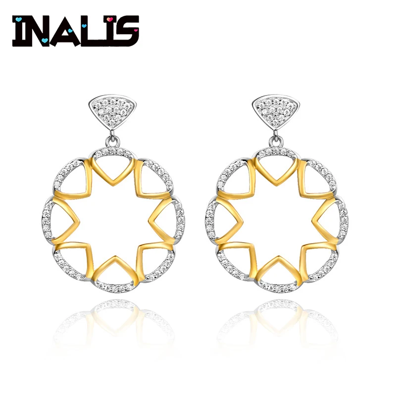 

INALIS New Real 925 Sterling Silver Long Drop Earrings for Bride Wedding Big Circle Flower Clear CZ Engagement Hanging Brincos
