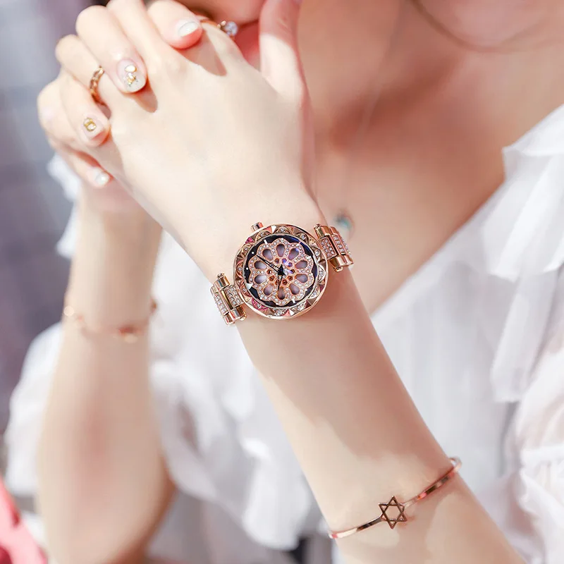 Роскошные женские часы со стразами с цветком Женские кварцевые наручные часы с циферблатом женские вращающиеся часы relogio femino женские часы