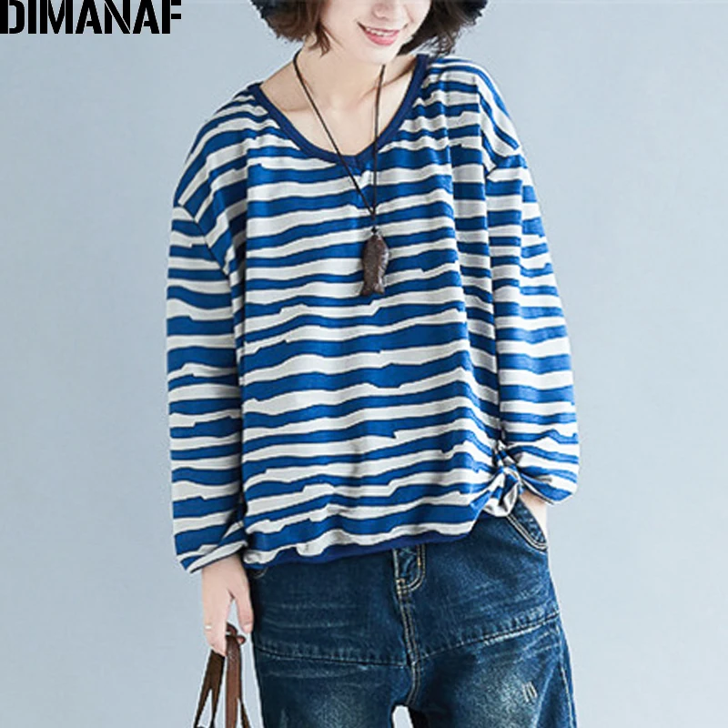 

DIMANAF Plus Size T-Shirts Women Long Sleeve Lady Tops Tees Cotton Shirts Casual Print Striped Blue Loose Female Clothing Spring