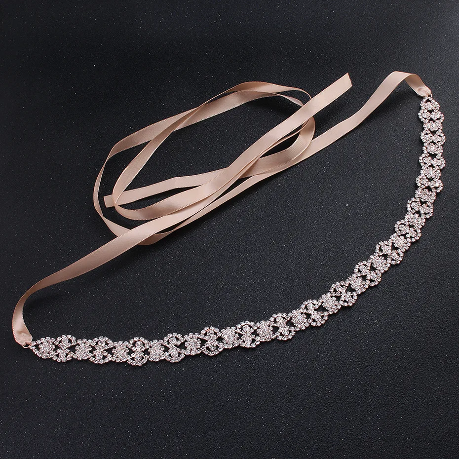 

SLBRIDAL Ribbon Rose Gold Rhinestones Crystal Bridal Wedding Headband Headpieces Hair accessories Bridesmaids Belt Gowns Jewelry