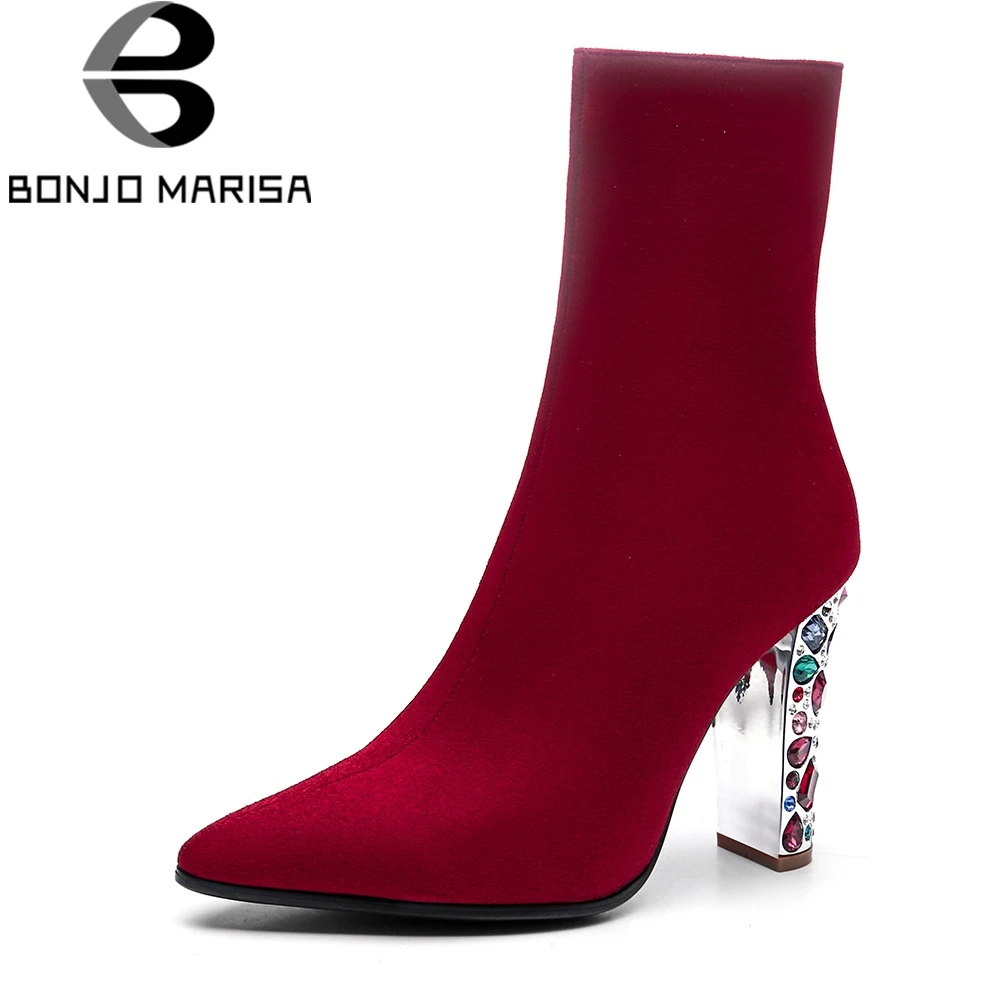 

BONJOMARISA 2019 New Large Size 33-43 Zip 12cm High Heel Red Hot Sale Pointed Toe Shoes Woman Fashion Autumn Mid Calf Boots