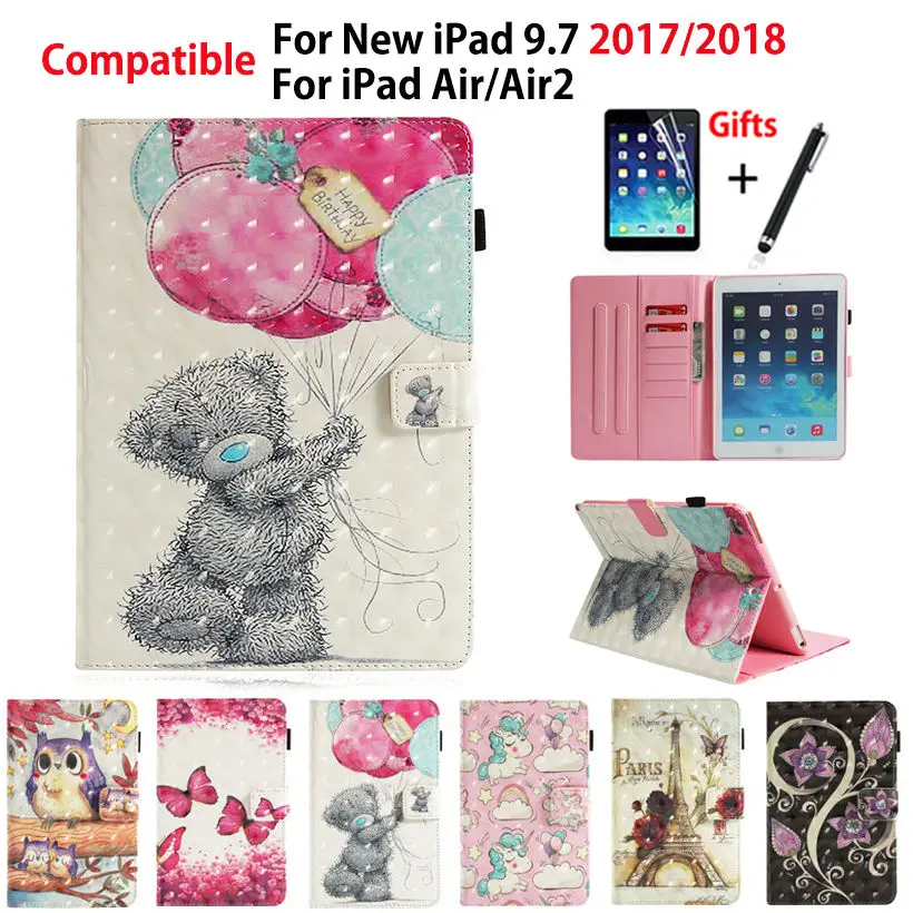 

Case For Apple iPad 9.7" 6th Generation 2018 2017 A1893 A1954 Cover For iPad Air 1 2 Funda 3D Painted Stand Shell +Stylus+film