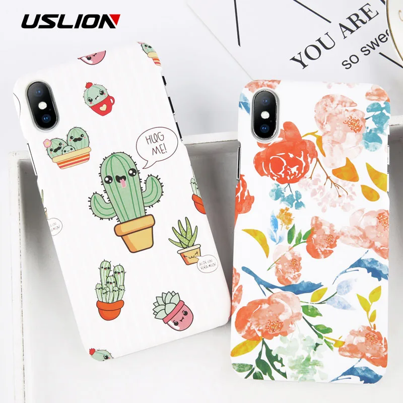 USLION Green Cactus Case For iPhone 7 6 6S Plus Flower Cartoon Animal Phone Cases For iPhone X 8 Plus Matte Hard PC Back Cover