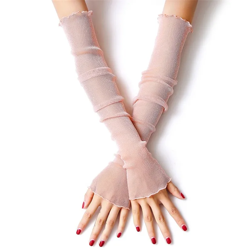 Модные женские летние перчатки для водителя с защитой от солнца, с УФ-защитой, сексуальные блестящие сетчатые длинные перчатки без пальцев