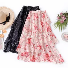 Summer New Arrival Women Skirt Ruffles Printing Long Chiffon Polyester Stitching Korean Style Free Shipping