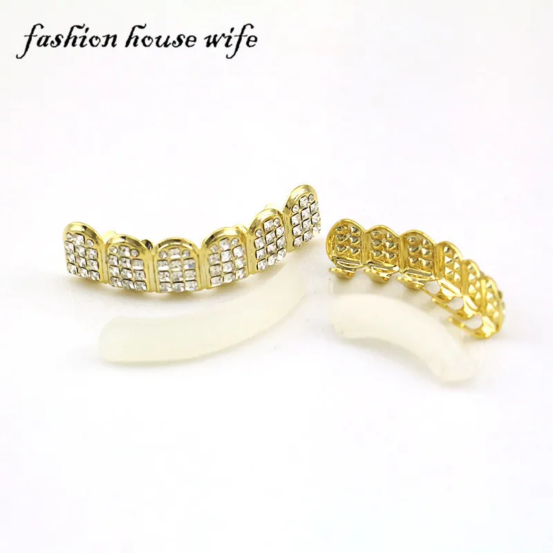 Хип-хоп золотые ЗУБЫ Grillz Top& Bottom Iced Out Grillz Хэллоуин зуб грили Косплей зубы шапки ювелирные изделия XHYT1056