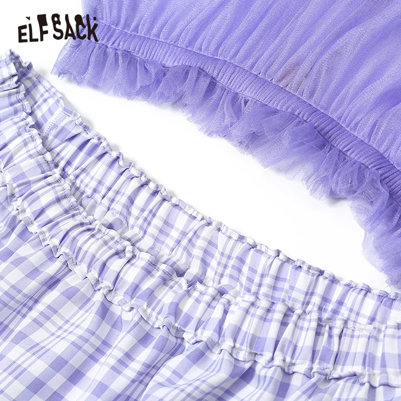 Женское сетчатое пляжное платье ELF SACK летнее лавандовое в клетку с открытыми