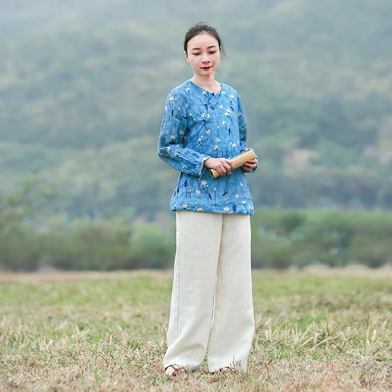 LZJN 2019 New Chinese Vintage Ethnic Cheongsam Linen Tops Women's Flax Blouse Long Sleeve Lotus Flower Print Shirts  (5)