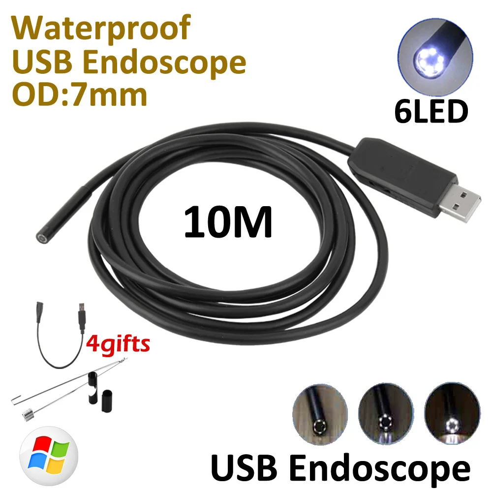 

7mm Lens Windows PC Endoscope USB Camera 10M 5M 2M IP67 Waterproof inspection Flexible Snake USB Tube Pipe Borescope Camera 6LED