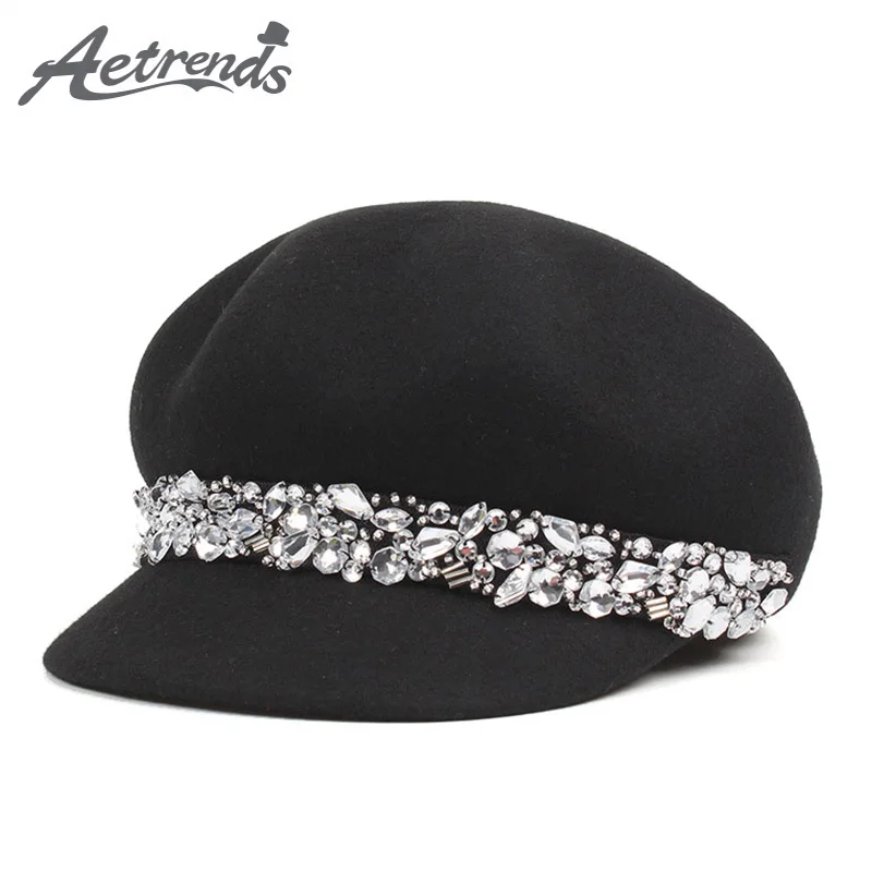 

[AETRENDS] Rhinestone Wool Hats Women's Beret British Style Fashion Warm Woolen Berets Winter Hat Z-6846