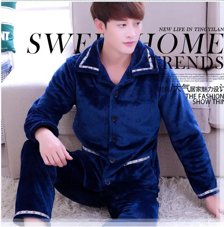 Winter Pajamas Men Thick Coral Fleece Man Pajamas Sets O-Neck Long Sleeve Pyjamas For Men Sleepwear Warm Pajamas Male Homewear