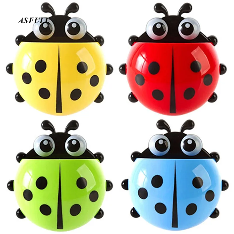 ASFULL Cartoon Cute Ladybug Sucker Toothbrush Holder suction Hooks Household Items toothbrush rack bathroom sets