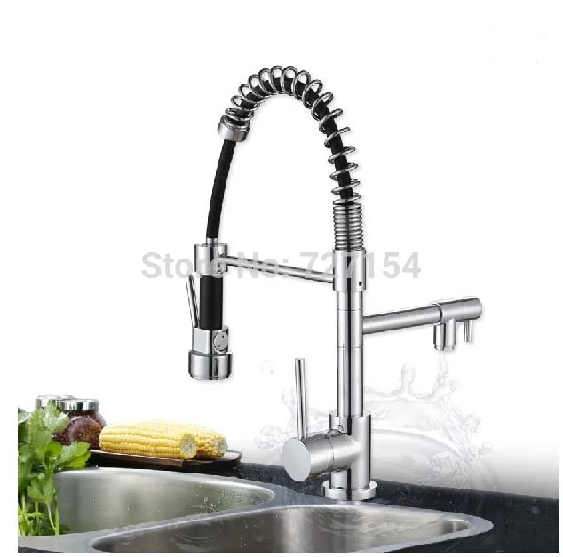 

Modern Chrome Pull Out Spout Kitchen Faucet Dual Spouts Mixer Single Handle Tap