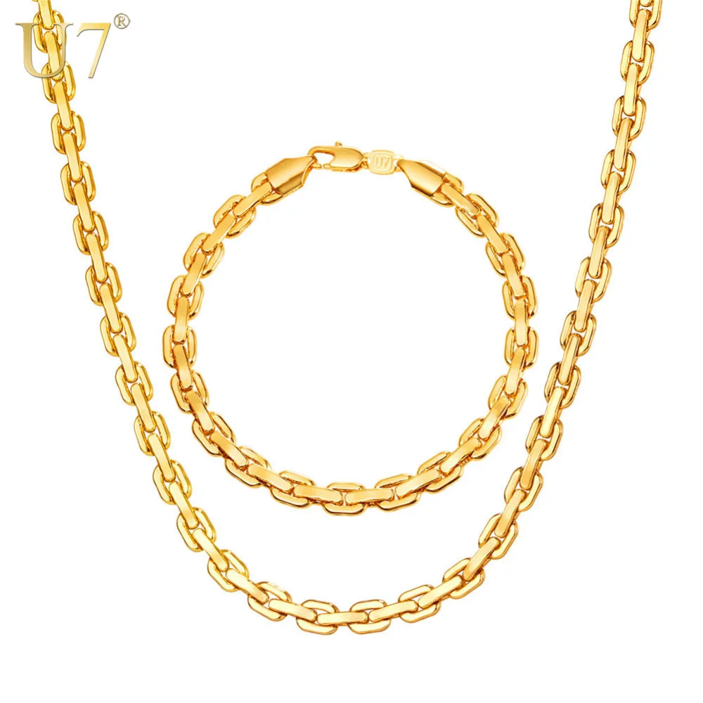 

U7 Cable Link Chain Bracelet Necklace Jewelry Set For Men Hip Hop Silver/Gold Color Choker Bracelets Set Wholesale S1016