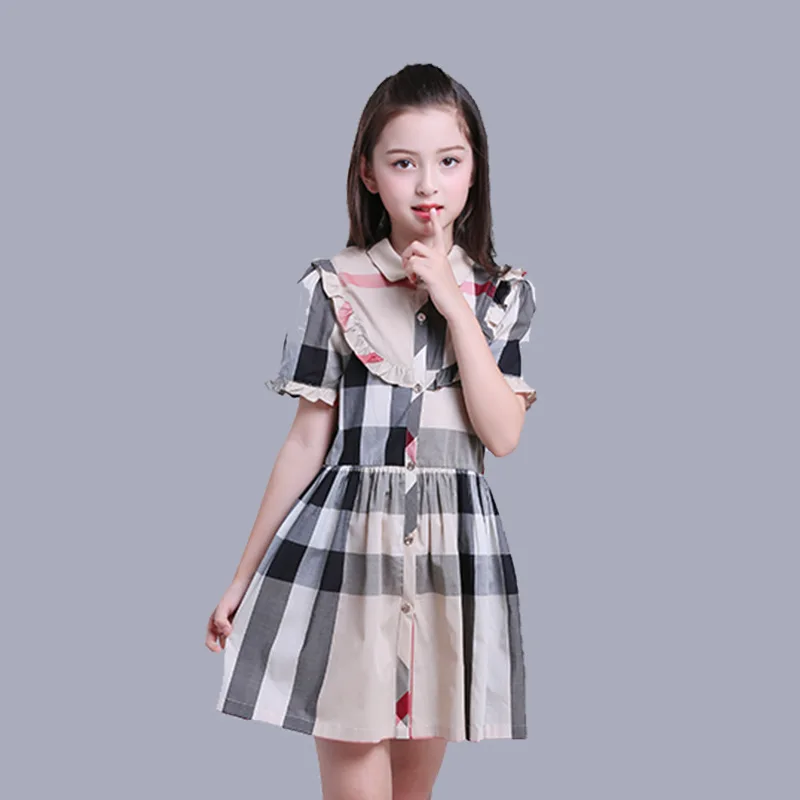 

HSSCZL 2019 NEW BRAND Girls dress summer children's dresses Europe and America Grid pattern short sleeve fashion clothes 6-14Y