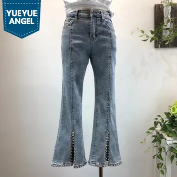 

Korean Style Slim Diamond Front Split Denim Flare Pants Women Fashion Casual Blue Stretch Ankle-Length Jeans Women Streetwear