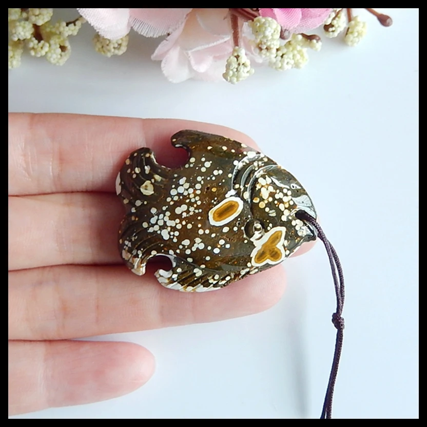

Semi-precious stones Birthday gift Natural Fashion Ocean Jasper Carved fish Pendant Beads,40x32x7mm,12g