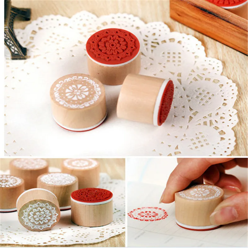 

Unique 2016 New Hot 6pcs/SET Assorted Retro Vintage Floral Flower Pattern Round Wooden Rubber Stamp Scrapbook DIY GN7
