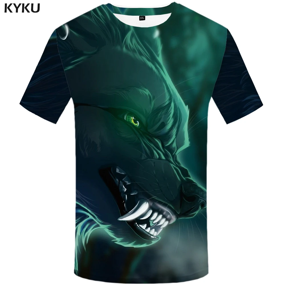 

KYKU Wolf Shirt Green Tshirt Streetwear Punk Clothes 3d Print T shirt Men Short Sleeve Mens Clothing Summer New