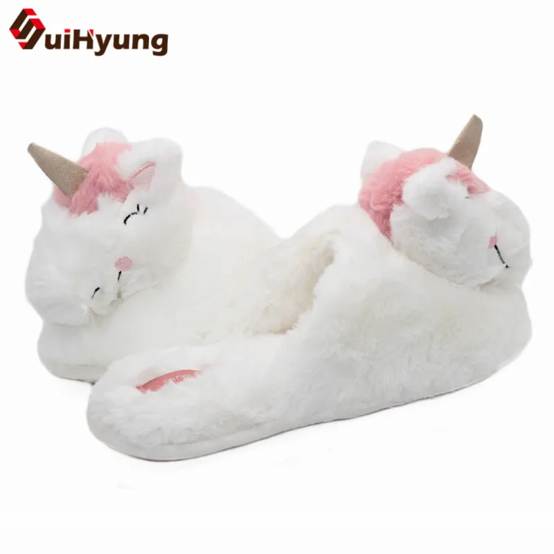 Suihyung/женские тапочки; зимняя теплая меховая домашняя обувь; белые плюшевые тапочки с рисунком единорога; женские нескользящие шлепанцы на плоской подошве для спальни