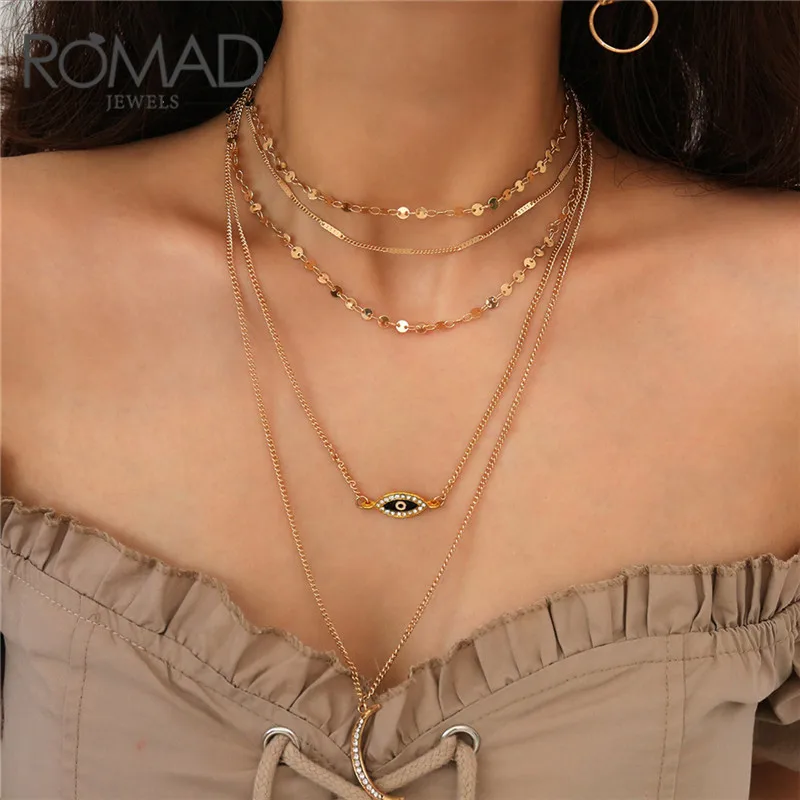 ROMAD Multilayer Necklace for Women Long Chain Devil Eye Pendant