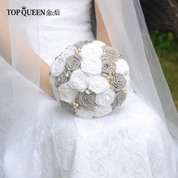 TOPQUEEN F6-GR In Stock Stunning Wedding Flowers Bouquets Bridal Bouquets Artificial White Rose and Dark Gray Rose and Pearls 18 5 dark gray and light gray and white and transparent holographic rear projection film