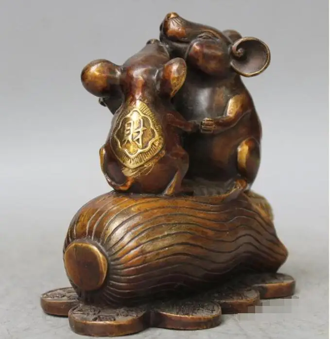 China Copper Gilt Mouse Mice Hold RuYi Peach Stand Corn Coins Wealth Statue 