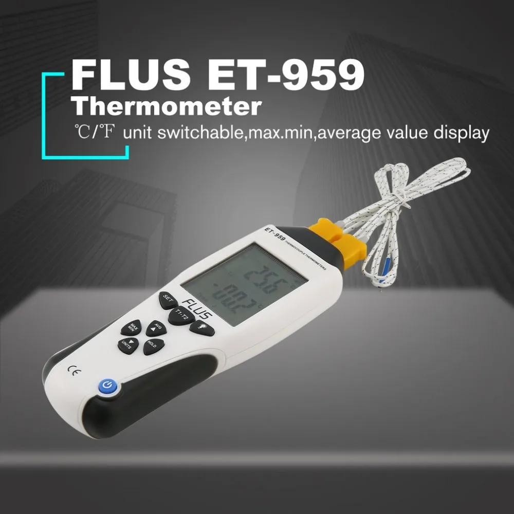 

FLUS ET-959 Digital Dual K-type J-type Thermocouple Thermometer Contact Temperature Meter LCD Handheld Tester Pyrometer