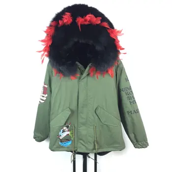 

Winter New Women Printing Military Wind Parka Black inside Fur Parka feather Collar Design Free Shipping