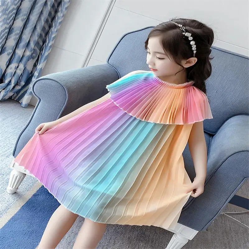 

Baby girl summer dress 2019 summer new children's personality foreign sweet Princess dress children's rainbow chiffon dress