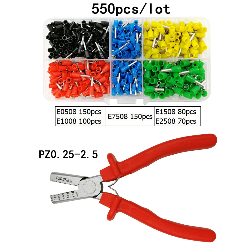 

VSELE 550pcs/lot tube insulating terminals E0508 E7508 E1008 E1508 E2508 PZ0.25-2.5 pliers 0.25-2.5mm2 wire crimp connector