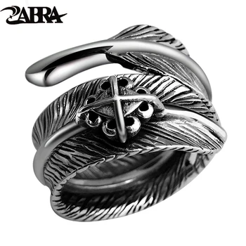

ZABRA 925 Sterling Silver Male Vintage Feather Cross Adjustable Ring Men Female Retro Black Punk Biker Anillos De Plata Jewelry