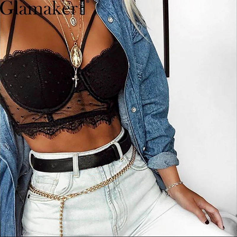 

Glamaker Transparent black mesh lace intimate Women sexy sheer strap lingerie bra top Feme underwear bra floral bustier bralette